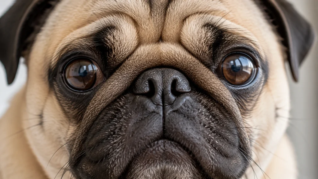 Close-up of a Pug's flat face showing stenotic nares and brachycephalic obstructive airway syndrome features