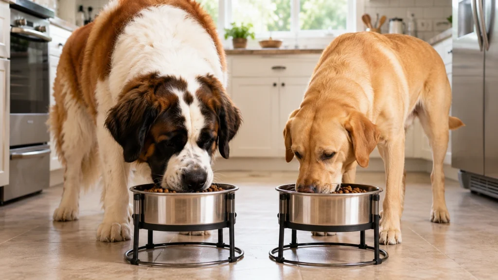 Dogs eating from stainless steel raised food bowls in a kitchen - Gentle Giants Dog Food