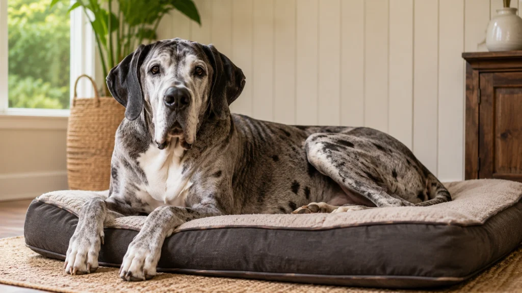 Great Dane or Saint Bernard lying comfortably on a dog bed - Real Dogs Real People