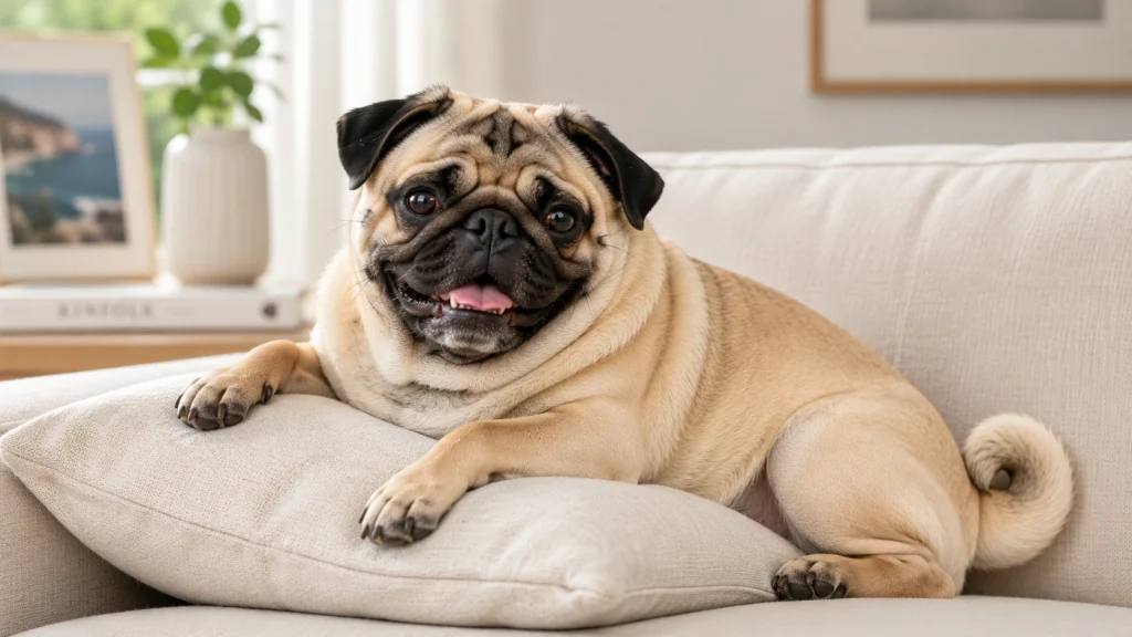 Healthy Pug dog resting comfortably at home — cool environments and healthy weight extend Pug lifespan
