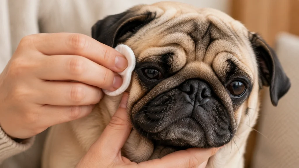 Owner cleaning a Pug's facial skin folds to prevent skin fold dermatitis and yeast infection