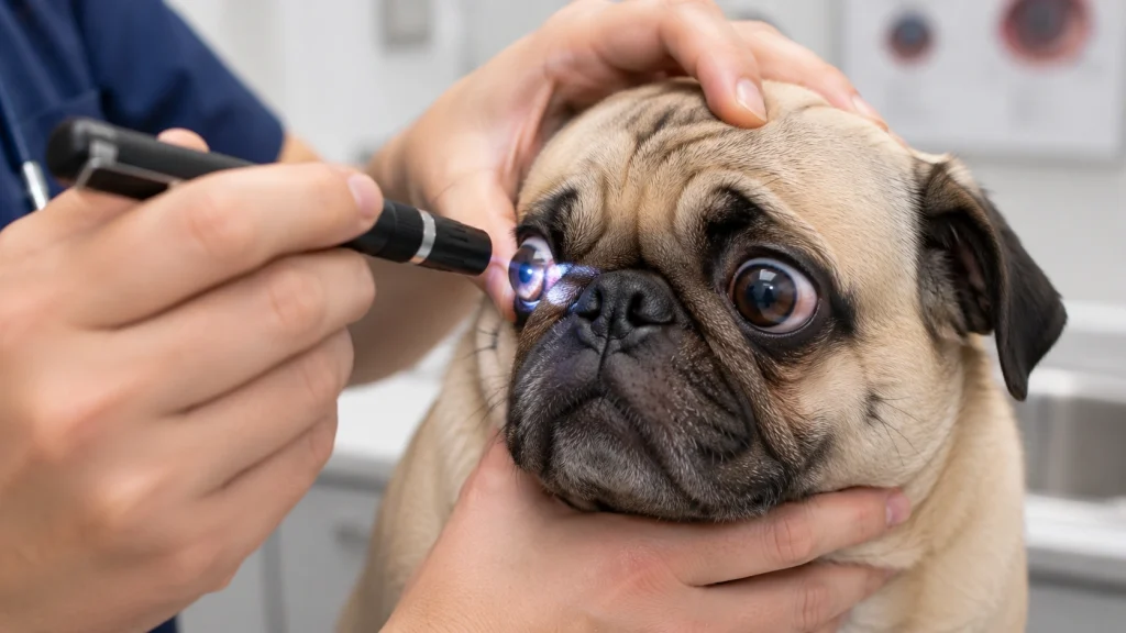 Veterinarian examining a Pug's protruding eye for corneal ulcers or signs of proptosis