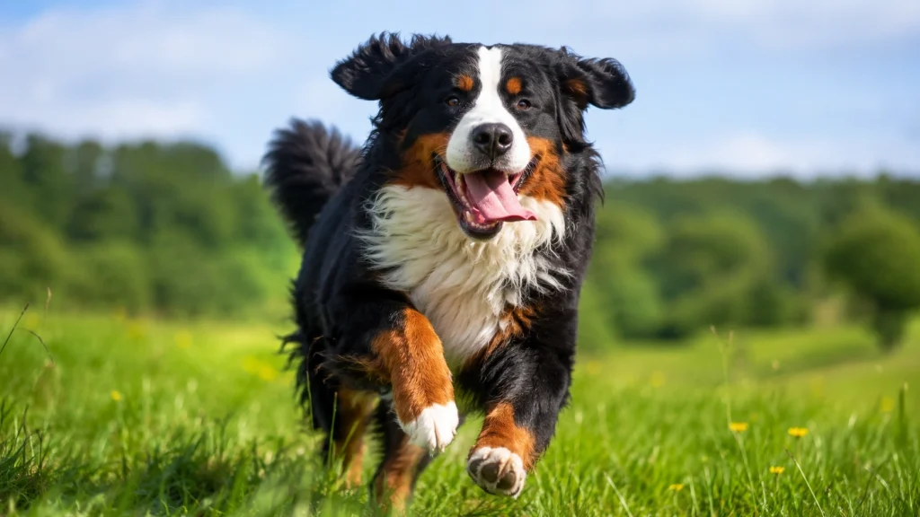 Healthy Bernese Mountain Dog running through a green meadow — preventive care and active lifestyle