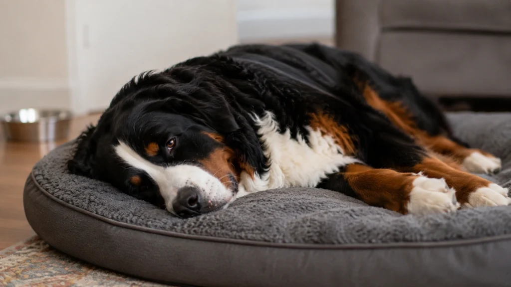 Lethargic Bernese Mountain Dog lying on a dog bed — warning sign of illness or health decline