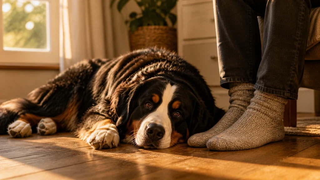 Bernese Mountain Dog lying peacefully at home beside its owner — breed lifespan and quality of life