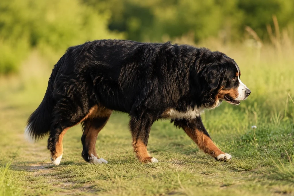 Bernese Mountain Dog walking on grass showing signs of hind leg stiffness from hip dysplasia