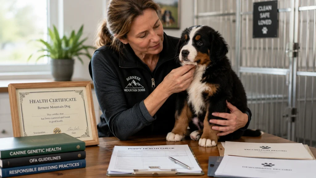 Responsible breeder holding a Bernese Mountain Dog puppy with health certificates on the table