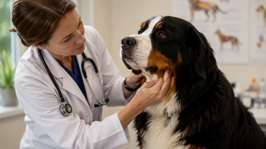 Veterinarian palpating the lymph nodes of a Bernese Mountain Dog to check for signs of cancer