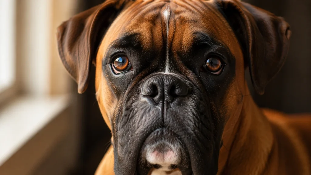 Close-up of a Boxer dog's flat muzzle showing brachycephalic features that cause breathing restriction