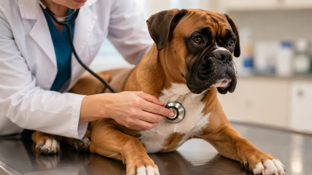 Veterinarian using a stethoscope to check a Boxer dog's heart for signs of ARVC or cardiomyopathy