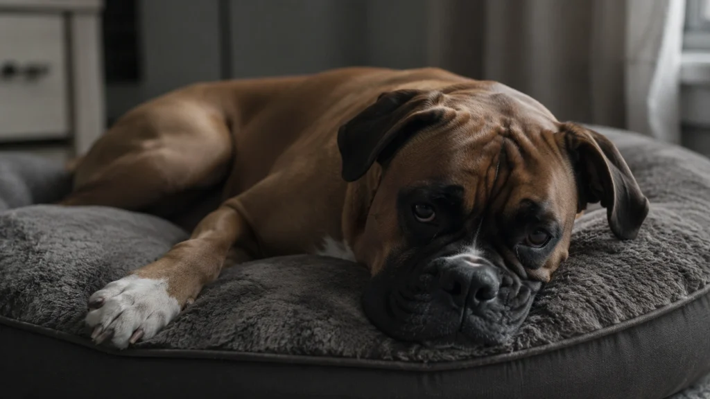 Boxer dog resting on a dog bed in a post-seizure state — epilepsy is a known health issue in the breed