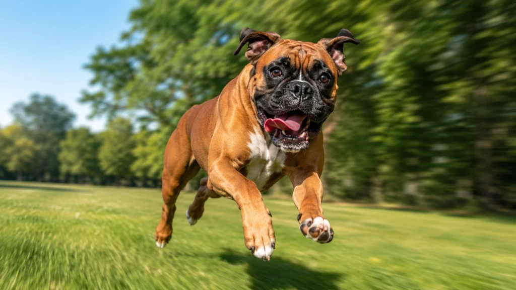 Healthy Boxer dog running freely in a park — active lifestyle supports heart health and healthy weight