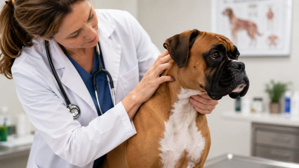 Veterinarian examining a Boxer dog's skin for mast cell tumours during a health screening