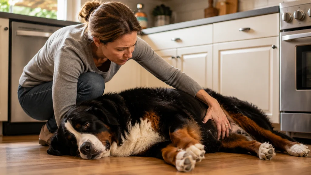 Dog owner kneeling beside a Bernese Mountain Dog showing signs of bloat or GDV emergency