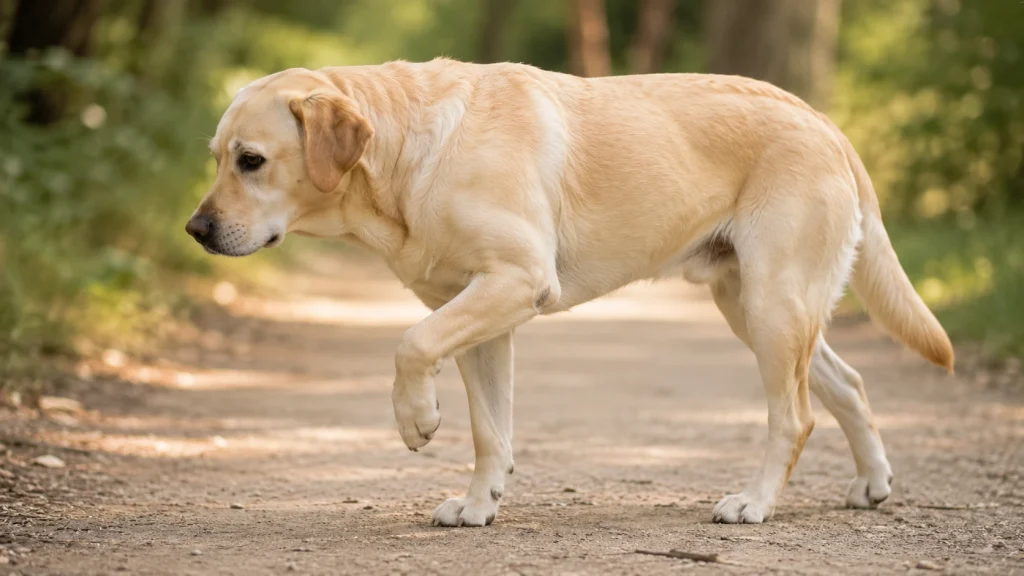 Labrador Retriever walking with a noticeable front leg limp — signs of elbow dysplasia