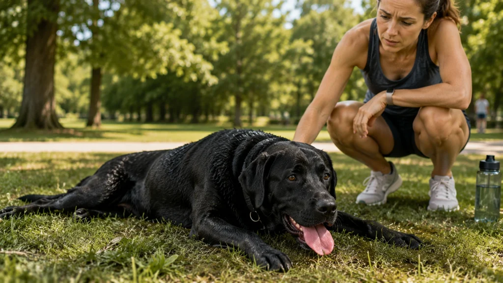 Labrador Retriever resting after intense exercise showing signs of fatigue and collapse risk