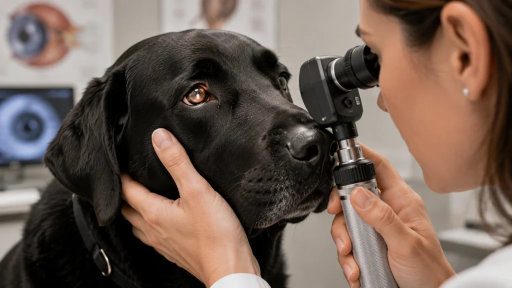 Vet examining a Labrador Retriever's eyes with an ophthalmoscope for progressive retinal atrophy