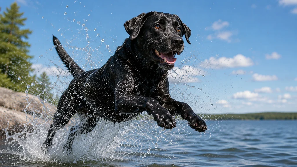 Healthy black Labrador Retriever splashing through water — low-impact exercise for joint health