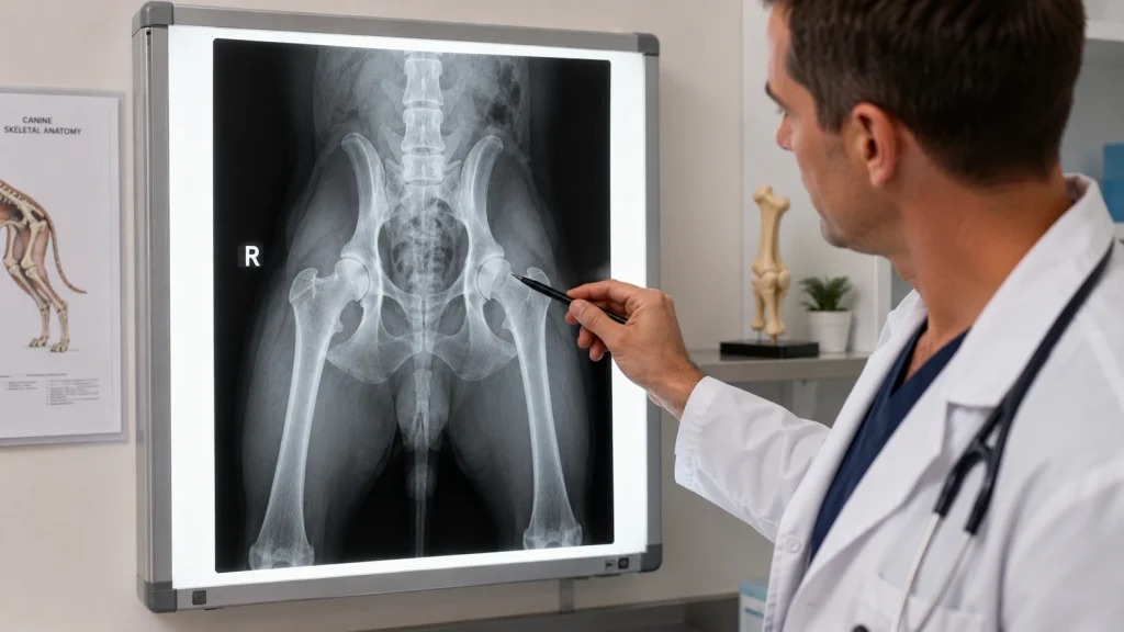 Veterinarian reviewing an X-ray of a Labrador's hips to diagnose hip dysplasia