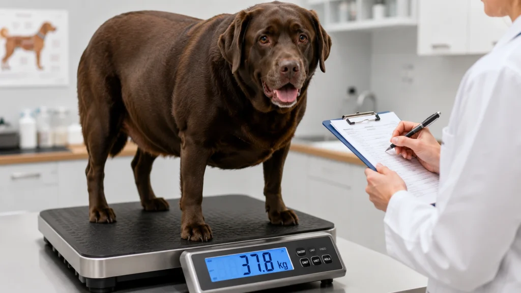 Overweight Labrador Retriever being weighed on a vet scale — obesity risk in the breed
