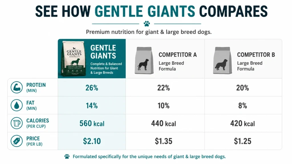 minimal infographic showing a side-by-side comparison table of Gentle Giants dog food - Real Dogs Real People