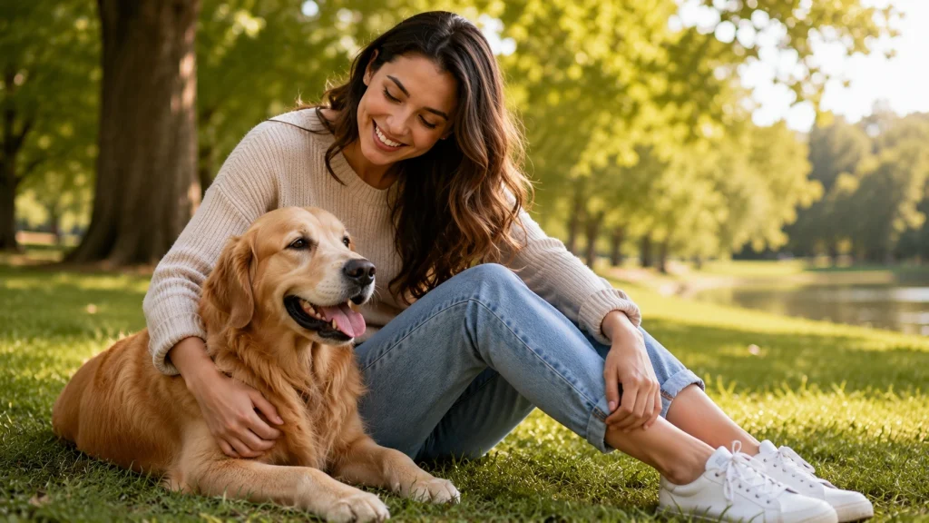 Owner sitting outdoors with a healthy relaxed dog
