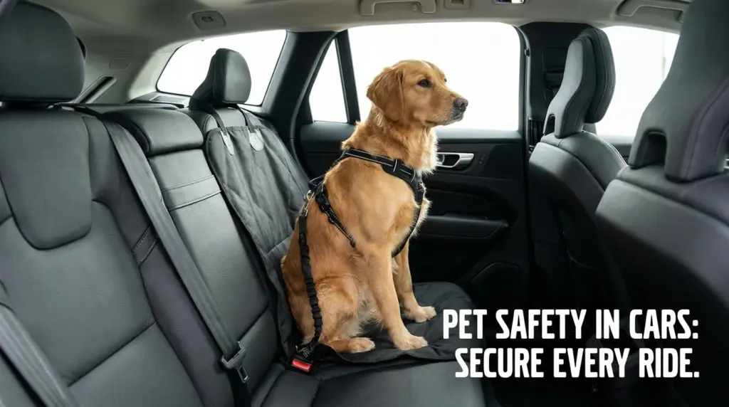 Dog secured in a car harness sitting safely in the backseat