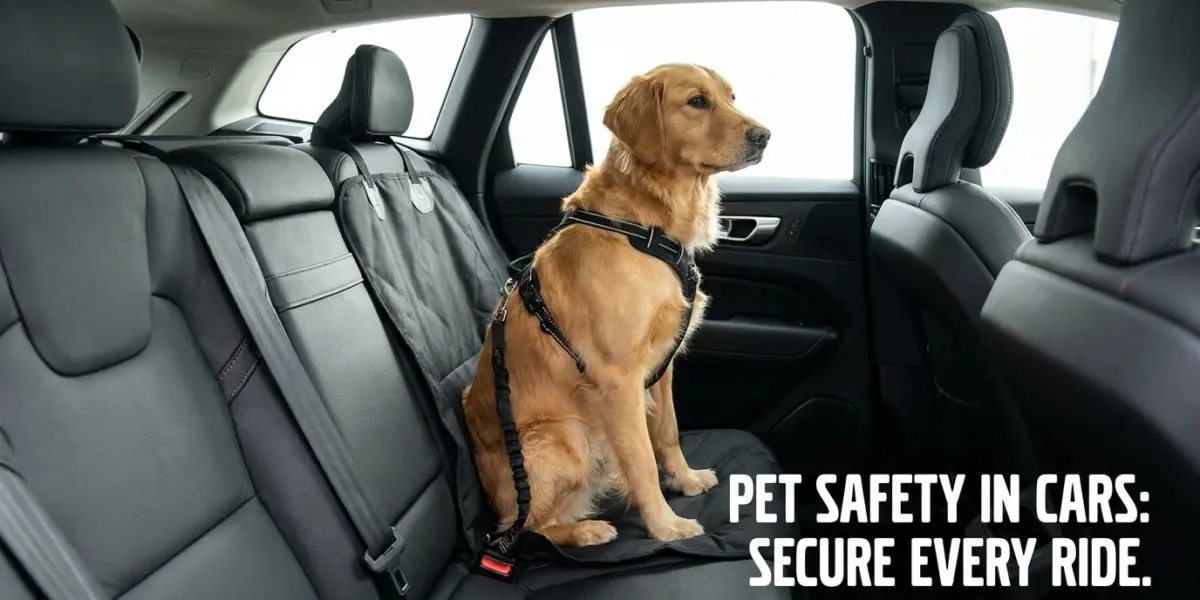 Dog secured in a car harness sitting safely in the backseat