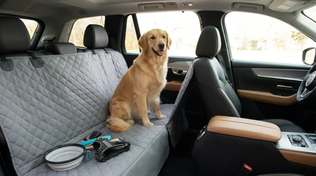 Dog sitting on a protective rear car seat cover inside a clean vehicle