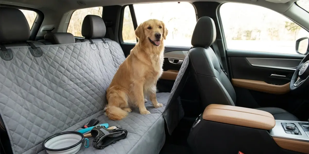Dog sitting on a protective rear car seat cover inside a clean vehicle