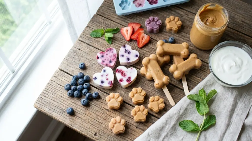 Assorted homemade frozen dog treats on a tray in summer light