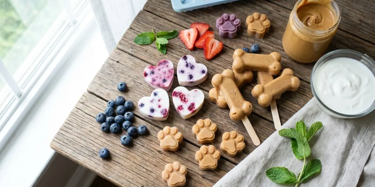 Assorted homemade frozen dog treats on a tray in summer light