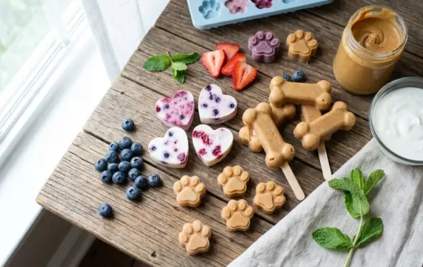 Assorted homemade frozen dog treats on a tray in summer light