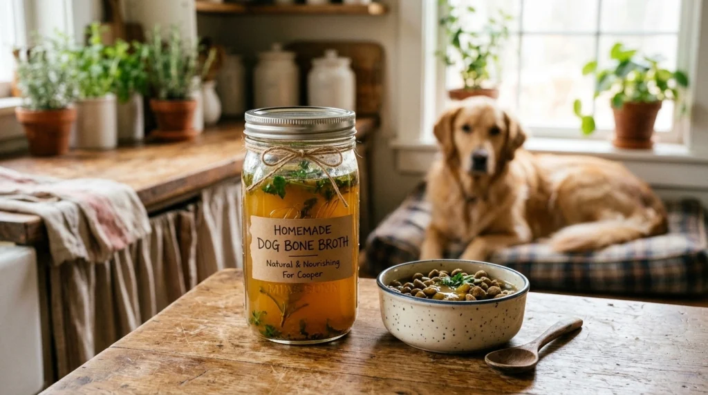 Jar of homemade bone broth for dogs with a dog in the background