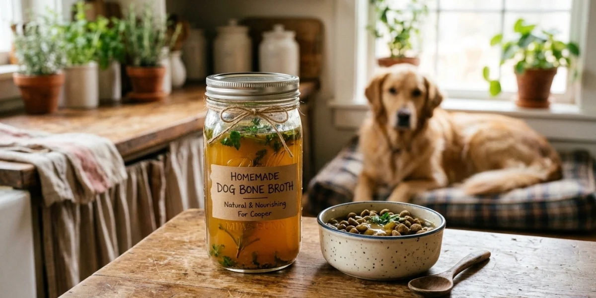 Jar of homemade bone broth for dogs with a dog in the background