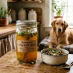Jar of homemade bone broth for dogs with a dog in the background