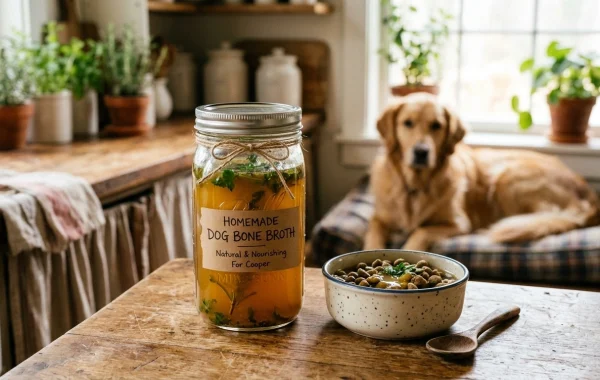 Jar of homemade bone broth for dogs with a dog in the background