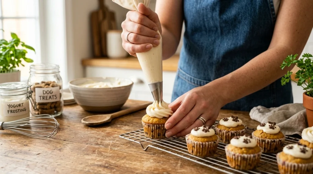 Dog cupcakes being decorated with dog-safe frosting