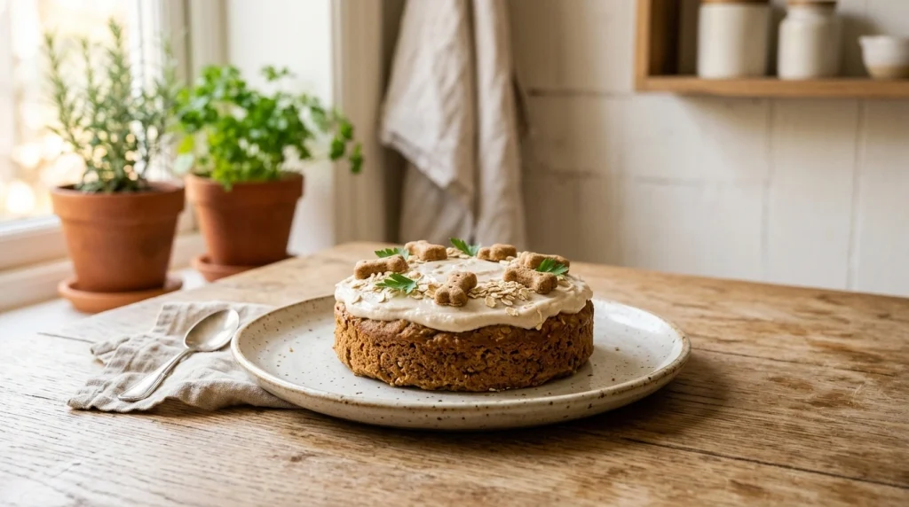 Small homemade dog cake on a plate with minimal decoration