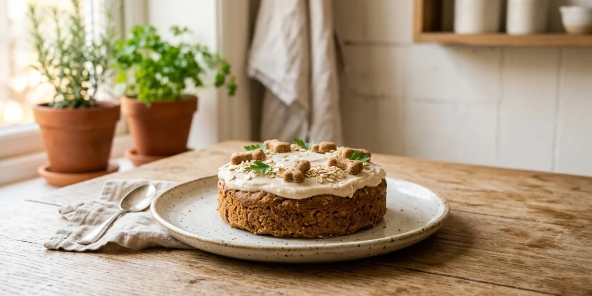 Small homemade dog cake on a plate with minimal decoration