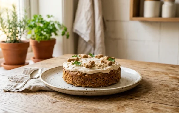Small homemade dog cake on a plate with minimal decoration