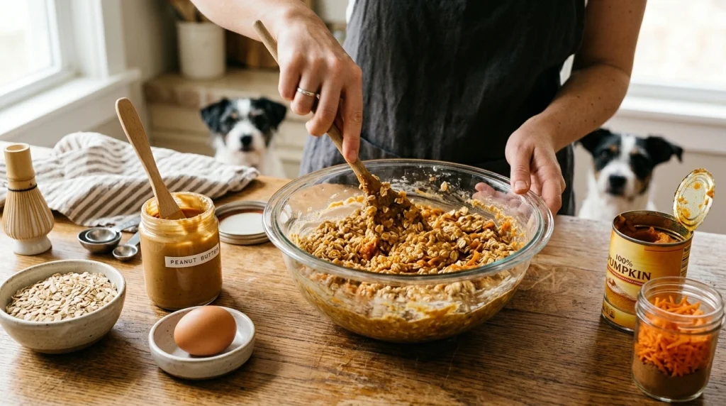 Dog cake batter being mixed in a bowl with simple ingredients nearby